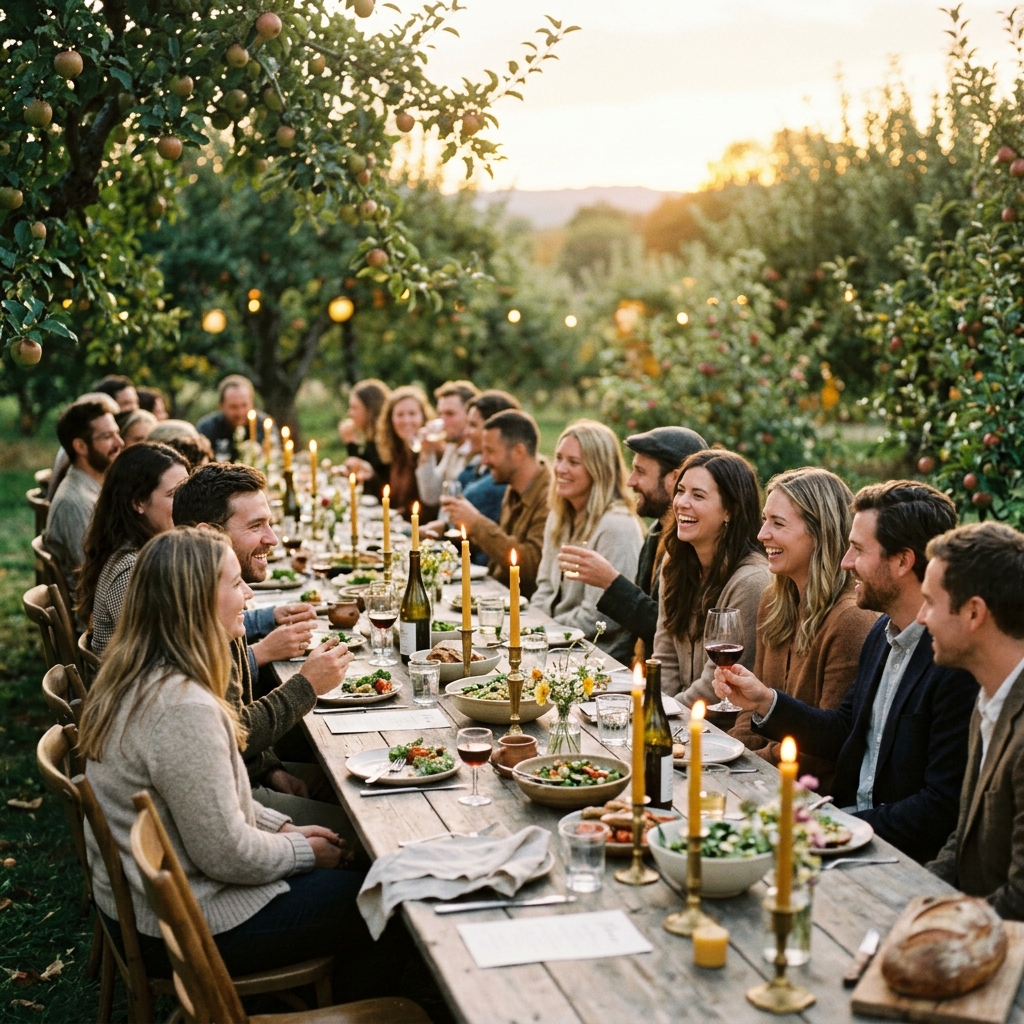 Intimate long dining table outdoors in rustic orchard at sunset