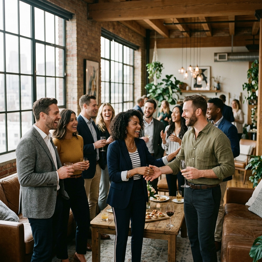 Group of business casual professionals greeting guests at loft networking event