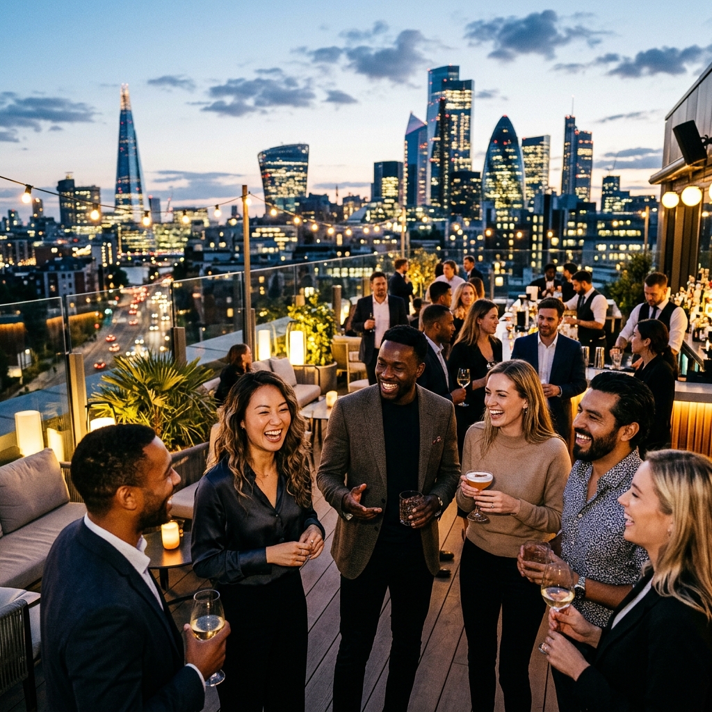Large crowd of upscale early-30s professionals networking at a rooftop venue at night