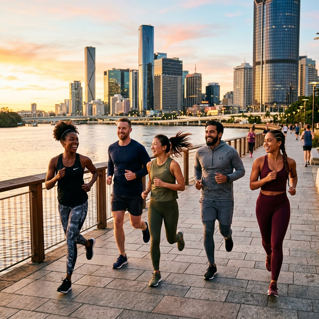 Stylish diverse running club jogger group running on waterfront city path at sunrise