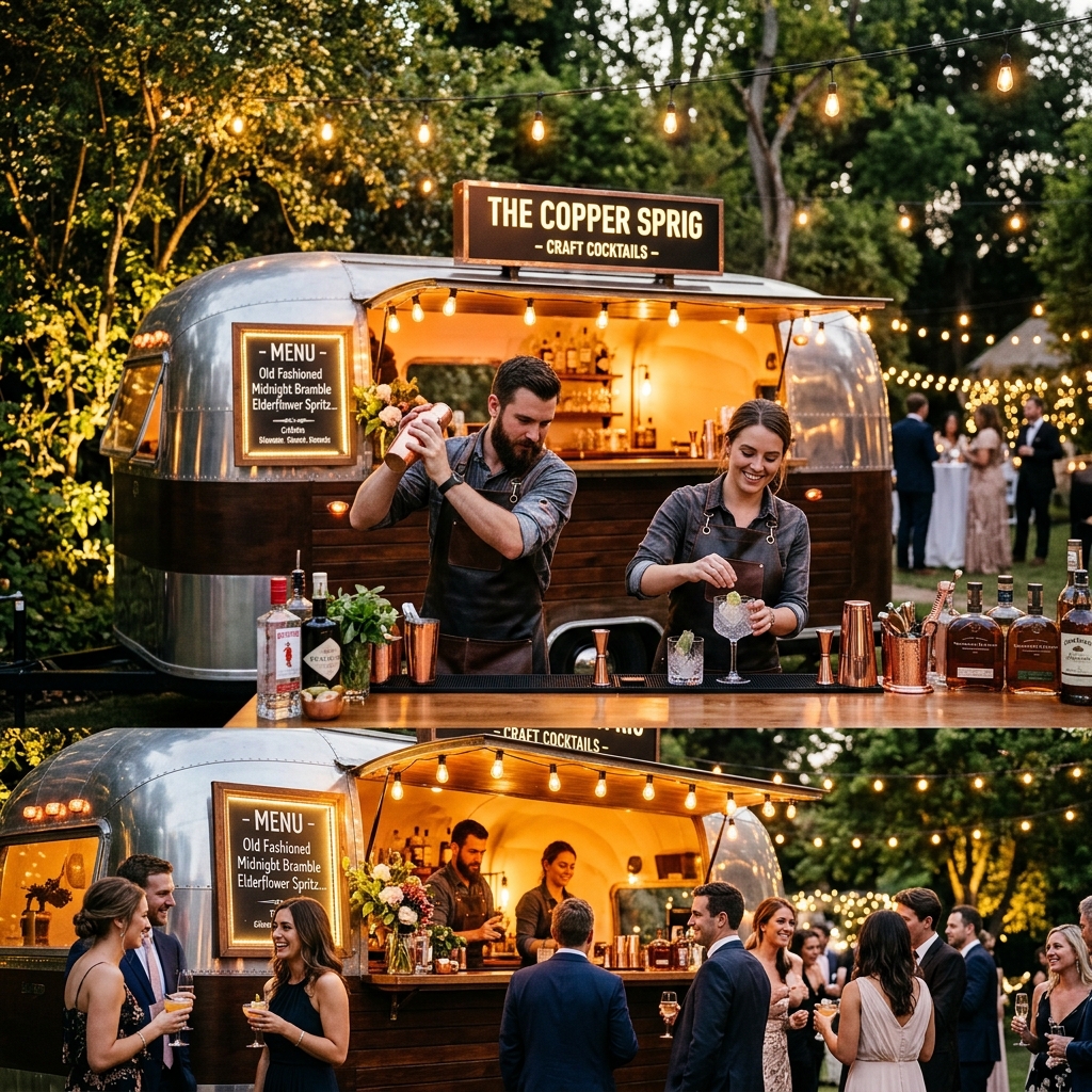 Mobile Airstream retro cocktail bartending trailer at outdoor event